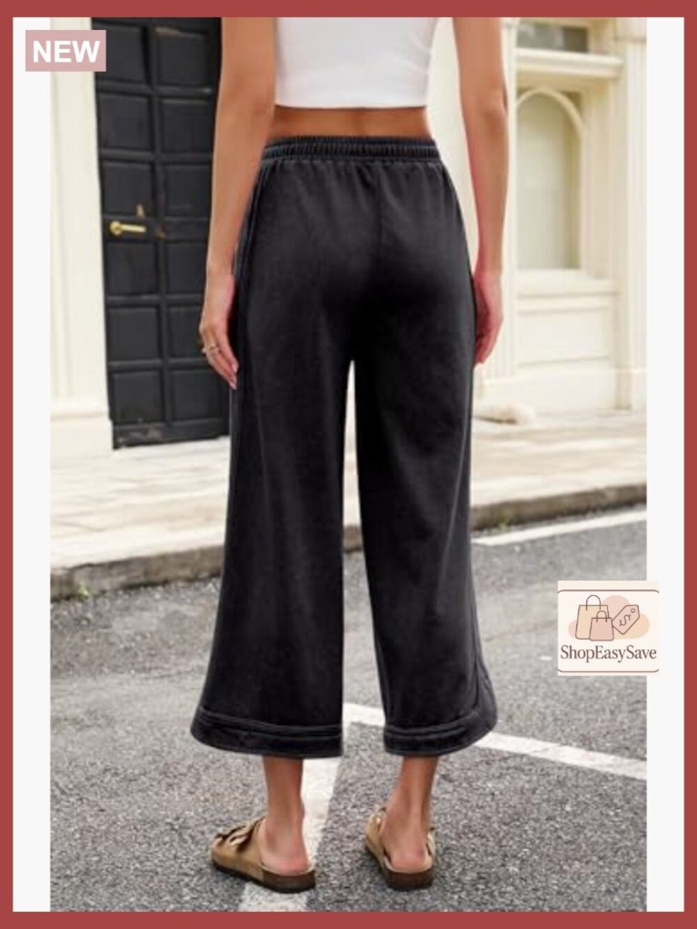 Wide Leg Baggy Sweatpants Drawstring High Rise Cropped Capri Joggers - Picture 6 of 7